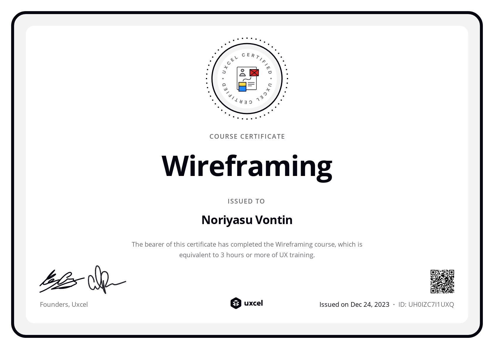 Noriyasu Vontin's certificate